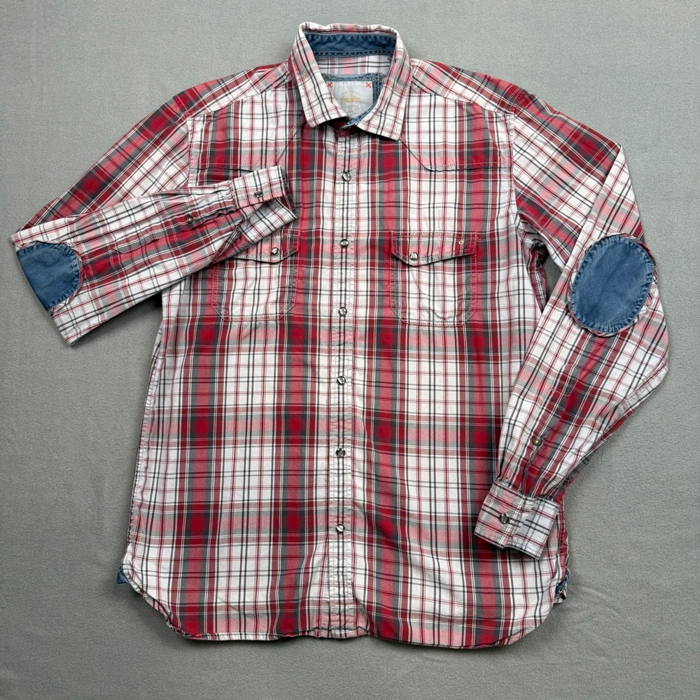 Parx Western Shirt Cotton Plaid Snap Button Denim Elbow Patch Country Casual M